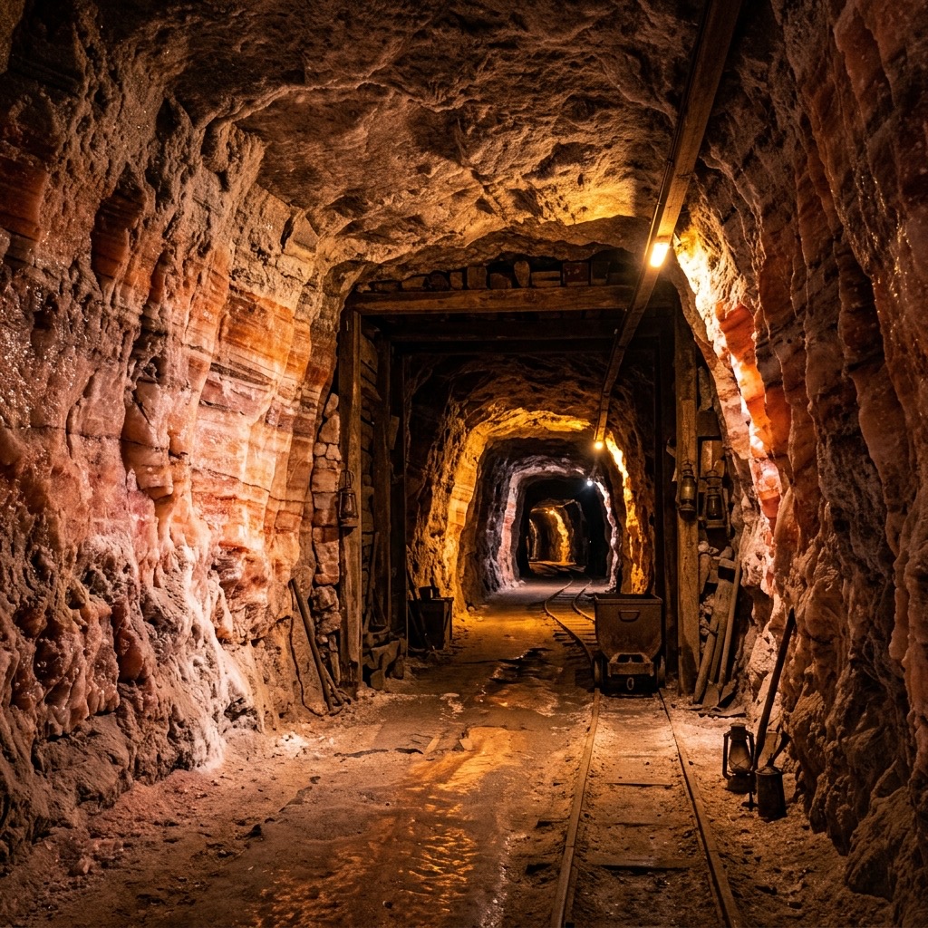 Inside the Khewra Salt Mines showing pink salt formations